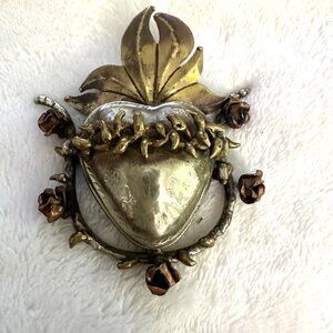 Flame Sacred Heart Milagro Reliquary Brooch/Pendant Locket